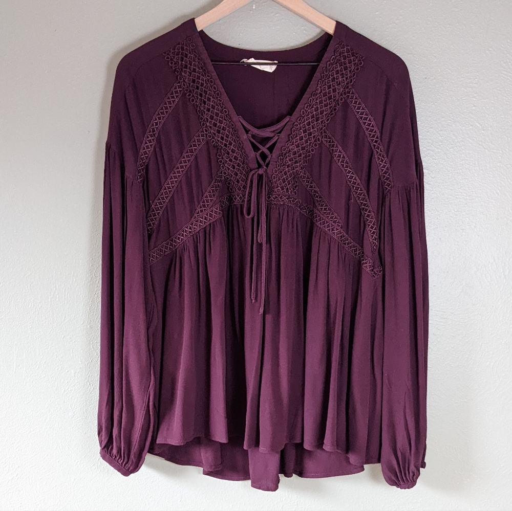 Altar'd State Dark Purple Boho Long Sleeve Blouse Size S fits like medium to lg